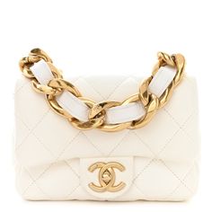 This is an authentic CHANEL Lambskin Quilted Mini CC Funky Town Flap in White. This chic bag classic is crafted of soft quilted lambskin leather in white. It features a polished gold chain link leather threaded shoulder strap and a facing gold Chanel CC turn lock. This flap opens to a beige fabric interior with a patch pocket. 1412621 White Classic Flap Chanel, White Chanel Purse, Chanel 19 Small White, White Chanel Bag, White And Gold Chanel Bag, Gold Chanel, Leather Thread, Chic Bags, Lambskin Leather