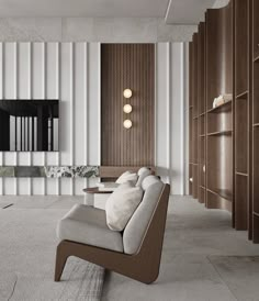 a living room filled with furniture next to a book shelf