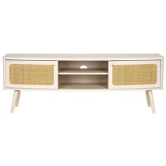 a white tv stand with wicker doors and drawers on one side, an oval light fixture on the other