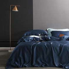 Front view of Karen Duvet Cover Set made of Lyocell in Navy Color. Pretty Bed Sheets, Simple Duvet Cover, Pretty Bed, Silk Duvet, Silk Duvet Cover, Blue Bedding Sets, Bedding Sets Grey, Teal Bedroom, King Size Comforters