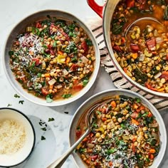 three bowls filled with different types of food