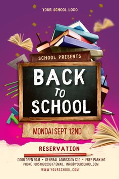 back to school flyer template with books on the top and purple background, for an event