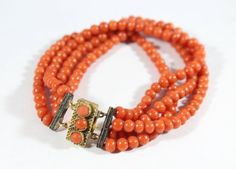 -Antique Victorian 14k Gold Natural Dark Orange Four Strand Beaded Necklace -Total length: 7 in -Bead size:about 4 mm ~ 5 mm -Total weight: 20 g -Tested 14k Carnelian Earrings, Coral Beads Necklace, Large Pendant Necklace, Coral Pendant, Green Chalcedony, Coral Earrings, Coral Necklace, Dark Orange, Different Kinds