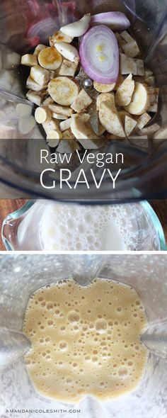 the ingredients for raw vegan gravy in a blender, including bananas and onions