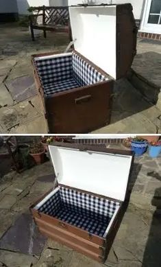 an open suitcase sitting on top of a stone patio