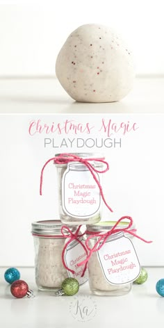 christmas magic playdough in a jar with ornaments around it