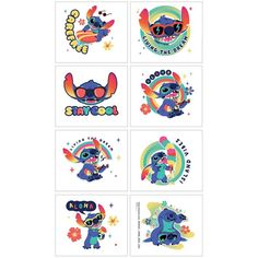 Dive into a world of tropical fun with our Stitch's Island Adventures Temporary Tattoo Set! This vibrant collection features Stitch in seven playful designs each capturing his mischievous and lovable spirit. From surfing and playing the ukulele to just spreading the aloha these tattoos are perfect for any Lilo Stitch fan looking to show off their love for the adorable blue alien. Easy to apply and safe for all skin types these tattoos will bring a touch of whimsy to any day! Great for favor bags! pbStitch Aloha Temporary Tattoos product details:-b-p ul li8 tattoos-li li8 perforated squares 2in wide x 1.75in tall-li liSheet 4in wide x 8.1in tall-li liNon-toxic-li liEasily applied with a damp cloth-li liEasily removed with baby oil or rubbing alcohol-li -ul pOfficially licensed Disney produc Bulk Party Favors, Toddler Themes, Birthday Yard Signs, Game Themes, Kids Birthday Themes, Hello Kitty Birthday, Custom Fans, Tattoo Set, Disney Lilo