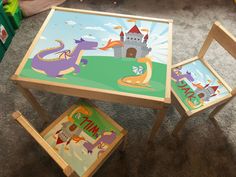 two children's table and chairs with pictures on them