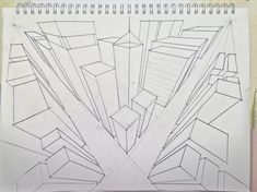 this is a drawing of some buildings in the middle of a city with lines going through them