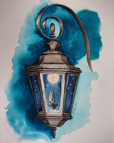 a watercolor painting of a lantern with a sailboat on it