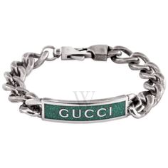 Gucci Unisex Bracelets. SKU: YBA678712001. Color: Green. Metal Type: Sterling Silver. Metal Stamp: 925-Sterling. Bracelet style: 1 Band. Gucci Green Enamel Station Bracelet. Gourmette chain design with turquoise enamel detail and Gucci logo. Station Bracelet, Gucci Logo, Green Metal, Bracelet Style, Metal Models, Unisex Bracelets, Chain Design, Green Enamel, Unisex Jewelry