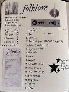 Folklore Scrapbook, Song Book Ideas, Folklore Journal Page, Spotify Journal Ideas, Journal Ideas Songs, Album Review Journal, Folklore Emojis, Song Book Journal, Song Journal Ideas