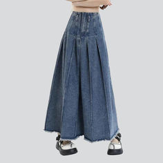 Introducing the 2023 Autumn Collection's Raw Hem Plaited Denim Skirt. 20th-century Style! This medium wash denim skirt is a perfect representation of 90s fashion. with a high-waist. folded design and a zipper closure. A statement piece that's sure to turn heads. this skirt offers a unique blend of vintage style and vogue sophistication.Why They're Your Next Wardrobe EssentialThis timeless piece is patterned to make a statement. The folded design offers a flattering shape and the zipper closure e Wide Leg Denim Skirt With Frayed Hem, Cotton Pleated Skirt In Medium Wash, High Waist Pleated Denim Skirt, Pleated Medium Wash Cotton Denim Skirt, High Waist Pleated Denim Blue Skirt, High Waist Pleated Denim Blue Denim Skirt, High Waist Pleated Denim Skirt In Blue, Pleated Denim Skirt For Fall, Baggy High-waist Denim Blue Denim Skirt