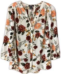 Floral Print 3/4 Sleeve Work Blouse, Red Floral Print Blouse With 3/4 Sleeves, Floral Print 3/4 Sleeve Workwear Blouse, Red Blouse With Floral Print And 3/4 Sleeve, Floral Print Workwear Blouse With 3/4 Sleeves, 3/4 Sleeve Blouse With Floral Print For Day Out, Floral Print Blouse With 3/4 Sleeves For Day Out, Daywear 3/4 Sleeve Floral Blouse, Daywear Blouse With 3/4 Sleeve And Floral Print