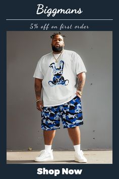 Step up your streetwear game with our Biggmans Plus Size Camo Rabbit Print Two Piece Set! This cool and playful outfit features a white t-shirt with a blue camo rabbit graphic and matching shorts, perfect for a laid-back yet stylish look. Get 5% off on your first order when you shop now at Biggmans! #plusizefashion #menstyle #bigandtall #camoprint #casualoutfit #biggmanstore Casual Summer T-shirt For Leisure, Casual T-shirt For Summer Streetwear, Cotton Shorts For Summer Streetwear, Summer Cotton Shorts For Streetwear, Cotton Summer Streetwear Shorts, Relaxed Fit Summer Short Set For Beach, Summer Vacation Short Set, Relaxed Fit Short Set For Summer Vacation, Hip Hop Style Relaxed Fit Summer Shorts