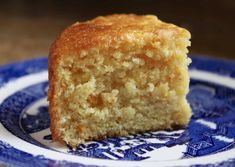 a piece of cake sitting on top of a blue and white plate