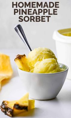 homemade pineapple sorbet in a white bowl