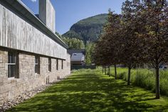 the building is made out of wood and has grass on the lawn next to it