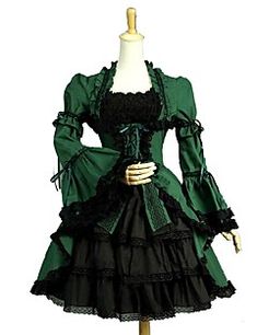 Gothique+Rétro+Punk+Elégant+Femme+Adulte+Fille+Une+Pièce+Robes+Cosplay+Vert+Gigot+/+Ballon+Manches+Courtes+Mi-long+–+EUR+€+166.59 Hoco Looks, Womens Medieval Dress, Irish Costumes, Ball Gowns Vintage, Odd Fashion, Vintage Ball Gowns, Dresses For Fall, Black Cotton Dresses, Classic Lolita