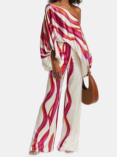 Urban Wide Leg Loose Printed Off-The-Shoulder Blouses  & Casual Pants Two Pieces Set ROSE RED-S Batwing Sleeve Top, Afrikaanse Mode, Romper Jumpsuit, Pantalon Large, Off Shoulder Tops, Suit Fashion, Botswana, Casual Blouse, Lantern Sleeves