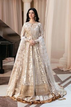 Elegant Rose Gold Embroidered Pakistani Wedding Dress Gown Pishwas Semi-stitched Gold Dress With Floral Embroidery, Gold Wedding Dress For Eid Reception, Ceremonial Floor-length Organza Gown, Elegant Gown With Sheer Dupatta For Ceremony, Elegant Gold Tissue Silk Gown, Festive Gold Wedding Dress With Resham Embroidery, Festive Gold Semi-stitched Wedding Dress, Gold Anarkali Dress For Ceremonies, Gold Bollywood Wedding Dress With Intricate Embroidery