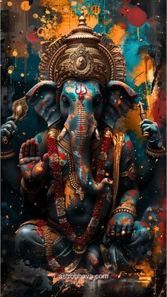 an elephant painted in blue and red colors