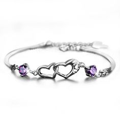 Romantic Linked Heart Sterling Silver Bracelet Silver Promise Jewelry, Silver Bangle Jewelry For Promise, Valentine's Day White Gold Bangle, White Gold Promise Bracelet, Amethyst Rings For Valentine's Day, White Gold Bangle Jewelry Gift, White Gold Bangle As Gift, White Gold Bangle Jewelry For Gift, Purple Wedding Bracelet Jewelry