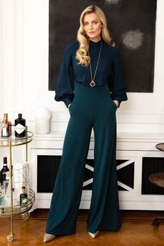 HotSquash Green Wide Leg Jumpsuit With Blouson Sleeve Stylish Jumpsuit, Blouson Sleeve, Green Jumpsuit, Bottle Green, Funnel Neck, Wide Leg Jumpsuit, Funnel, Playsuit Jumpsuit