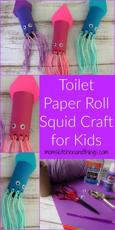 toilet paper roll squid craft for kids to make with yarn, scissors and other items