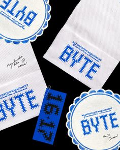 four white and blue napkins with the word,'stitch it'written on them