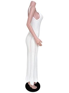 Backless Hollow See-Through Solid Color Split-Joint Skinny Sleeveless Wide Straps Maxi Dresses White Ribbed Sleeveless Dress, White Ribbed Dresses For Vacation, White Ribbed Vacation Dress, White Ribbed Dress For Vacation, White Stretch V-neck Sleeveless Dress, White Sleeveless V-neck Stretch Dress, Casual White Stretch Sleeveless Dress, White Sleeveless Knitted Dress, White Stretch Sleeveless Beach Dress