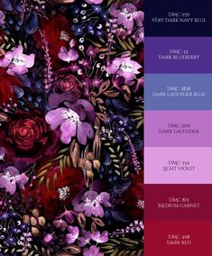 the color scheme for an art project with flowers and leaves in shades of red, purple,