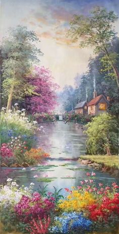 a painting of flowers and trees by the water with a house in the distance on it