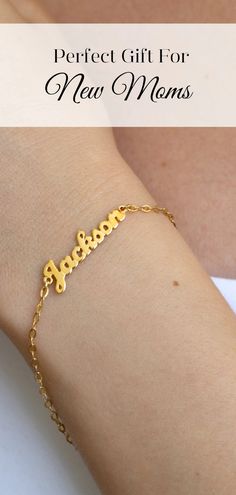 a woman wearing a gold bracelet with the words, perfect gift for new moms