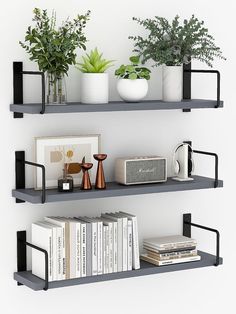 two black shelves with plants and books on them, one has a radio next to it