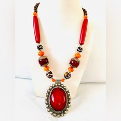 These Beautiful Himalayan Necklaces Having Unique Design Long Necklace Will Be A Perfect Touch To Your Outfit N Clothes. Red Necklace With Large Round Pendant, Unique Red Necklace With Large Pendant, Red Beaded Pendant Necklace, Red Round Pendant Necklace, Red Necklace With Round Pendant, Unique Red Round Pendant Necklace, Unique Red Necklace With Round Pendant, Red Bohemian Necklace With Large Pendant, Traditional Red Round Pendant Jewelry