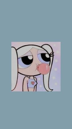 an animated girl with big eyes and long white hair, blowing bubbles in front of her face