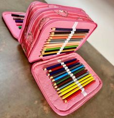 a pink case filled with lots of colored pencils