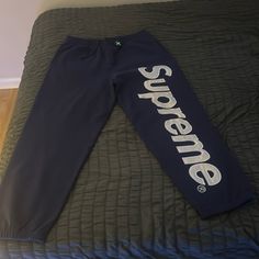 Supreme Washed Navy Sweatpants Brand New Never Worn Except To Try On. I Ordered Them From Stock X, They Were Too Big For Me Had To Order A New Size. They Are An Extra Large Still With The Stock X Verification On Them. Blue Straight Leg Pants With Letter Print, Sporty Blue Pants With Straight Hem, Blue Straight Hem Bottoms For Streetwear, Blue Straight Hem Lounge Pants, Blue Straight Hem Loungewear Pants, Blue Straight Hem Pants For Loungewear, Sporty Blue Pants With Letter Print, Blue Bottoms With Letter Print And Relaxed Fit, Blue Athleisure Bottoms With Letter Print