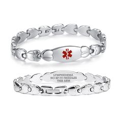 PRICES MAY VARY. Shiny Stainless steel Double heart medical id plate and links,Gentle exterior design reflects the beauty of women,Perfect fit to the aesthetics of modern women Backside laser engraving "LYMPHEDEMA NO BP/IV/NEEDLES THIS ARM", black lettering, high contrast, easy to recognize, the Front side has set a Medical Alert symbol, allowing first responders to quickly identify Preset length = 7.5", suitable for most women's wrists, bracelets adjustable each Double heart medical alert brace Womens Medical Alert Bracelet, Medical Alert Symbol, Heart Medical, The Beauty Of Women, Medical Alert Bracelet, Bracelets Adjustable, Medical Alert, Modern Women, Double Heart