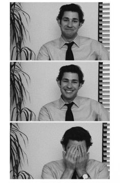 four different pictures of a man covering his face with his hands and smiling at the camera