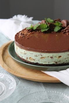 a chocolate and mint cheesecake on a plate