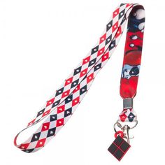 a red and white lanyard strap with cartoon characters on it, attached to a key chain