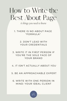 a white poster with the words how to write the best about page