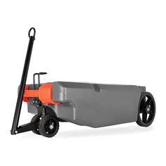 a gray and orange cart with wheels