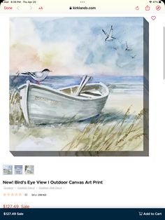 a watercolor painting of a boat on the beach with seagulls flying around