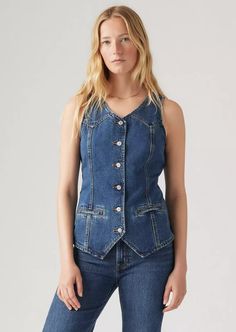 Longline Denim Vest - Enchantment Denim Waistcoat, Levis Outfit, Denim Coat Jacket, Sheer Top, Denim Vest, Blouse Dress, Long A Line, Clothes For Sale, Beauty Women