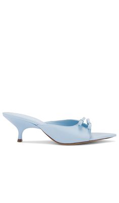 Find GIA BORGHINI Blanche Mule In Baby Blue on Editorialist. GIA BORGHINI Blanche Mule in Baby Blue. - size 36.5 (also in 37, 37.5, 38, 39, 39.5) GIA BORGHINI Blanche Mule in Baby Blue. - size 36.5 (also in 37, 37.5, 38, 39, 39.5) Nappa upper and sole. Made in Italy. Slip-on styling. Leather footbed and lining. Dual bows and cut-out at upper. Pointed open toe. Kitten heel. Approx 50mm/ 2 inch heel. GBOR-WZ6. BLAN-LNAP. Denim Mules, Gia Borghini, Heel Caps, 2 Inch Heels, Slides Shoes, Leather Mules, Rubber Heels, Kitten Heel, Blue Shoes