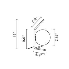 an image of a light fixture with measurements for the base and arm, on a white background