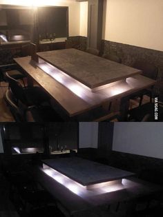 two pictures of a table with lights on it